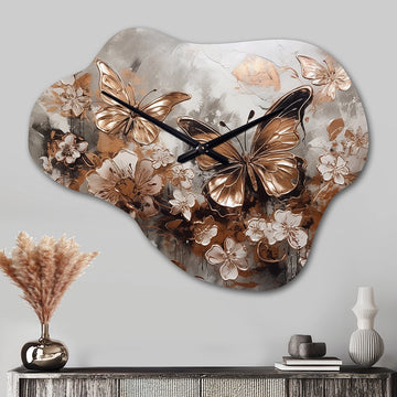 Rose Gold Butterfly Wings And Flowers I - Asymmetric Metal Wall Clock